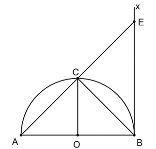 Cho đường tròn nửa (O) đường kính AB = 6 căn 2 cm và Bx là tiếp tuyến của đường tròn đó. Qua O kẻ đường thẳng song song với Bx cắt nửa đường tròn (O; OA) tại C. Gọi E là giao điểm của Bx và AC, khi đó: (ảnh 1)
