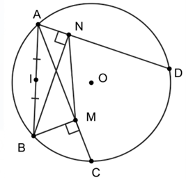 Cho đường tròn (O; 5 cm) và ba dây AB, AC, AD (không có dây nào đi qua tâm). Kẻ BN vuông góc với AD tại N, kẻ BM vuông góc với AC tại M. Gọi I là trung điểm của AB, khi đó:   (ảnh 1)