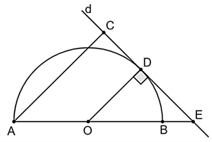 Cho nửa đường tròn (O) và điểm D thuộc nửa đường tròn đó sao cho sđ cung DB = 45o. Gọi d là tiếp tuyến của nửa đường tròn đó tại D, d cắt tia AB tại E. Qua A kẻ đường thẳng song song với OD cắt d tại C. Hỏi góc CAE bằng bao nhiêu độ? (ảnh 1)