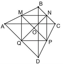 Cho tứ giác ABCD có AC vuông góc với BD. Gọi M, N, P, Q lần lượt là trung điểm của AB, BC, CD, DA. Gọi O là giao điểm của MP và NQ. Khi đó:  (ảnh 1)