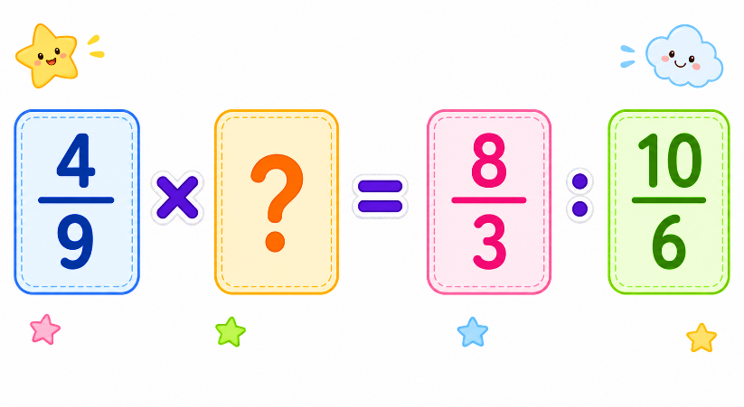 Phân số thích hợp điền vào dấu hỏi chấm là: 4/9 x ? = 8/3 : 10/6 (ảnh 1)