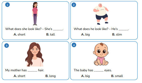 Look and circle. What does she look like? – She’s ______. A. short B. tall (ảnh 1)