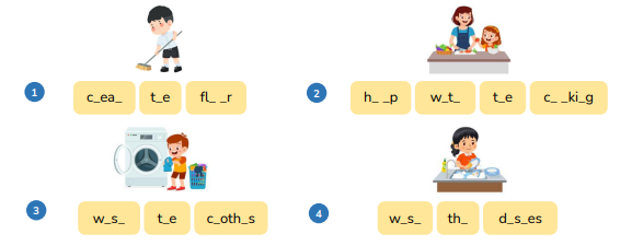 Look and write. c_ea_ t_e fl_ _r (ảnh 1)