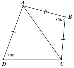 Tứ giác ABCD có AB = BC; CD = DA ,góc B= 100; góc D= 70 độ. Số đo góc A, góc C là (ảnh 1)