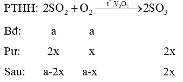 Hỗn hợp khí A gồm a mol SO2 và 5a mol không khí. Nung nóng hỗn hợp A với O2 xúc tác V2O5 thu được hỗn hợp khí B. Biết dA/B = 0,93. Tính hiệu suất phản ứng, giả thiết không khí có 80% thể tích (ảnh 1)