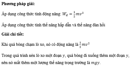 Một quả bóng khối lượng m rơi tự do từ trạng thái nghỉ như hình dưới đây. Khi nó đạt tới tốc độ v, nó vừa chạm vào một lò xo thẳng đứng. Lò xo sau đó bị nén một đoạn y và quả bóng dừng lại. (ảnh 2)