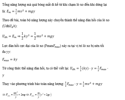 Một quả bóng khối lượng m rơi tự do từ trạng thái nghỉ như hình dưới đây. Khi nó đạt tới tốc độ v, nó vừa chạm vào một lò xo thẳng đứng. Lò xo sau đó bị nén một đoạn y và quả bóng dừng lại. (ảnh 3)