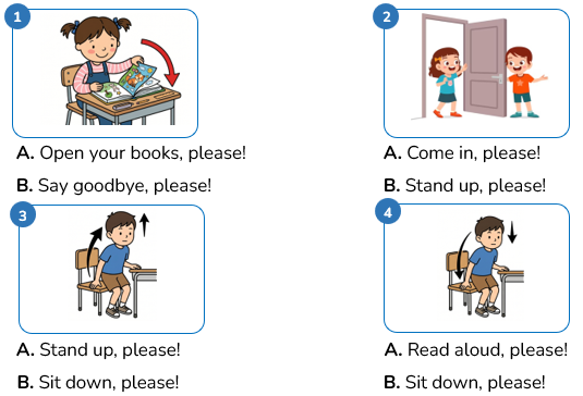 Look and circle.A. Open your books, please! B. Say goodbye, please! (ảnh 1)