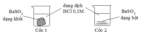 Cho 2 mẫu BaSO3 có khối lượng bằng nhau và 2 cốc chứa 50ml dung dịch HCl 0,1 M như hình sau. Hỏi ở cốc nào mẫu BaSO3 tan nhanh hơn?
 (ảnh 1)