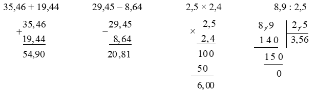 Đặt tính rồi tính 35,46 + 19,44 (ảnh 1)