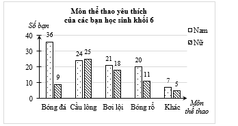 Khảo sát môn thể thao yêu thích của các bạn học sinh khối 6 thu được kết quả được biểu diễn như sau: (ảnh 1)