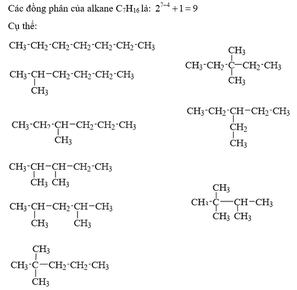 Số đồng phân của alkane C7H16 là (ảnh 1)