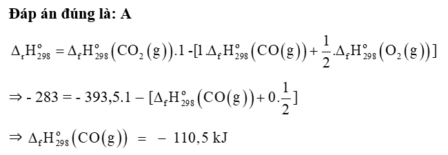 Cho phản ứng sau:  CO (g) + 1/2 O2 (g) phản ứng CO2 (g) delta r H 298= -283,0 kJ   Biết nhiệt tạo thành chuẩn của CO2 (ảnh 1)