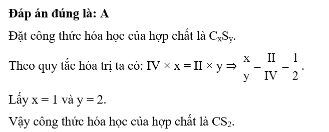 Công thức hoá học của hợp chất tạo bởi carbon hoá trị IV và sulfur hoá trị II là (ảnh 1)