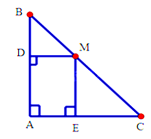 Cho tam giác ABC vuông tại A, AC = 6cm, điểm M thuộc cạnh BC. Gọi D, E theo thứ tự là các chân đường vuông (ảnh 1)