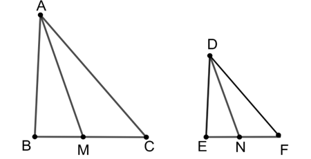 Cho hình vẽ, biết rằng ΔABC ∽ ΔDEF; có AM, DN lần lượt là hai tia phân giác góc A, góc D. Khi đó, khẳng định nào dưới đây là đúng? (ảnh 1)