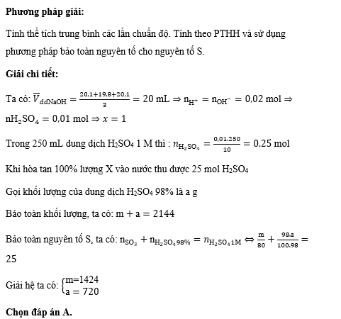 Hấp thụ hoàn toàn m gam SO3 vào một lượng dung dịch H2SO4 98% thu được 2144 gam oleum X. Lấy 1% lượng X ở trên hỏa tan vào nước được 250 mL dung dịch H2SO4 x (M).  (ảnh 2)