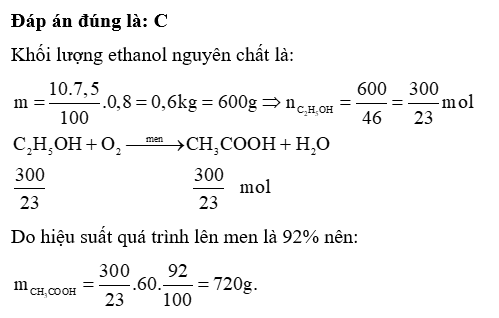 Từ 10 lít ethanol 7,5o có thể điều chế được bao nhiêu gam acetic acid? Biết khối lượng riêng của  (ảnh 1)