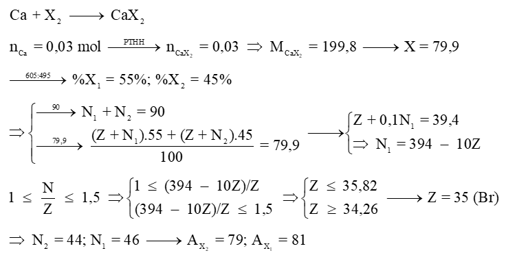 X có hai đồng vị là X1 và X2. Tổng số hạt không mang điện của hai đồng vị X1, X2 là 90 (ảnh 1)