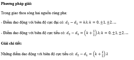 Trong sự giao thoa sóng trên mặt nước của hai nguồn kết hợp, cùng pha. Những điểm dao động với biên độ cực tiểu có hiệu khoảng cách từ điểm đó tới hai nguồn có giá trị là (Với k=0,±1,±2,…k= (ảnh 1)