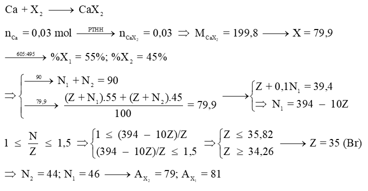 X có hai đồng vị là X1 và X2. Tổng số hạt không mang điện của hai đồng vị X1, X2 là 90 (ảnh 1)