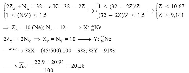 Nguyên tố A có hai đồng vị X và Y. Tỉ lệ số nguyên tử của X: Y là 45: 455. Tổng số hạt trong (ảnh 1)