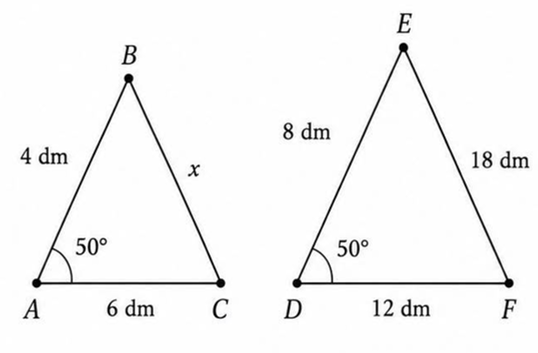 Một xưởng cơ khí chế tạo hai khung cửa hình tam giác có cùng hình dạng: Khung nhỏ có AB = 4 dm, AC = 6 dm, góc A = 50 độ, khung lớn có DE = 8 dm, DF = 12 dm  (ảnh 1)