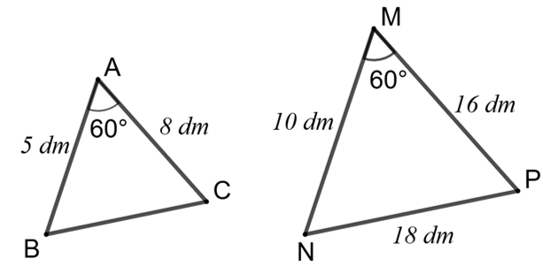 Một xưởng sản xuất chế tạo hai khung kính hình tam giác. Khung nhỏ có hai cạnh dài 5 dm và 8 dm, góc xen giữa bằng 60°. Khung lớn có hai cạnh tương ứng dài 10 dm và 16 dm, góc xen giữa bằng 6 (ảnh 1)