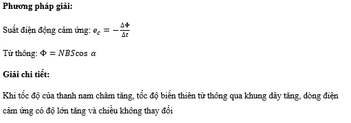 Hình vẽ bên mô tả thí nghiệm về hiện tượng cảm ứng điện từ. Giữ ống dây dẫn cố định, tịnh tiến nam châm lại gần ống dây. Nếu tăng tốc độ chuyển động của thanh nam châm thì dòng điện cảm ứng trong ống dây sẽ (ảnh 2)
