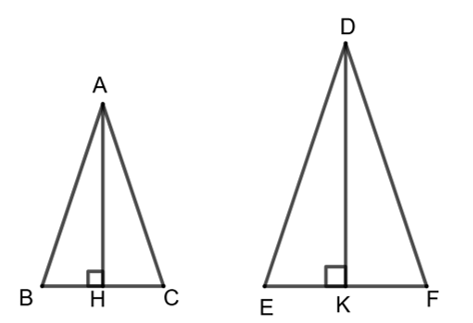 Một công ty thiết kế hai logo hình tam giác đồng dạng. Tam giác nhỏ có đáy BC = 6 cm, chiều cao AH = 4 cm. Tam giác lớn có đáy EF = 15 cm, chiều cao DK = x cm. Biết hai logo có các góc tương  (ảnh 1)