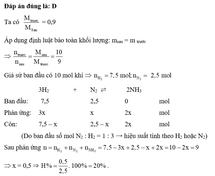 Điều chế NH3 từ hỗn hợp hồm N2 và H2 (tỉ lệ 1 : 3). Tỉ khối hỗn hợp trước so với hỗn hợp sau phản ứng là 0, (ảnh 1)