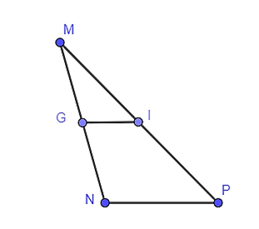 Cho tam giác MNP có MN = 6 cm, MP = 9 cm. Trên cạnh MN, MP lần lượt lấy các điểm G, I sao cho MG = 3 cm và MI = 4,5 cm. Khi đó GI song song với đoạn thẳng nào? A. NP; B. MP; C. MN; D. GM. (ảnh 1)