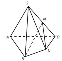 Cho hình chóp S.ABCD, đáy ABCD là tứ giác có các cặp cạnh đối không song song, điểm M là trung điểm của SD. Giao điểm của đường thẳng AD và mặt phẳng (MBC) là giao điểm của đường thẳng AD với (ảnh 1)