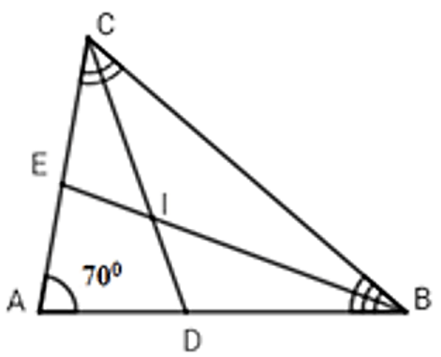 Cho tam giác ABC có góc A = 70 độ các đường phân giác BE và CD của góc B và góc C cắt nhau tại I. (ảnh 1)