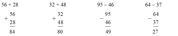 Đặt t&iacute;nh rồi t&iacute;nh:  56 + 28 (ảnh 1)