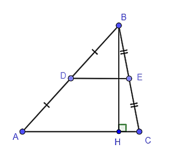Cho tam giác ABC có đường cao BH = 5 cm. Gọi D, E lần lượt là trung điểm AB, BC và DE = 6 cm. Khi đó diện tích tam giác ABC bằng:   (ảnh 1)