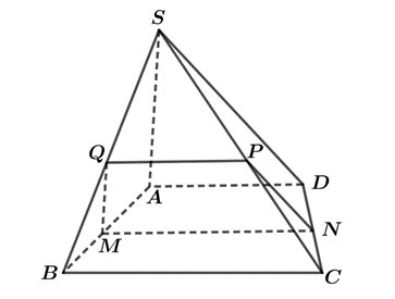 Cho hình chóp S.ABCD có đáy là hình thang, AD // BC, AD = AB = 4, BC = 8, đều. Gọi Q là một điểm bất kỳ trên đoạn SB (Q không trùng với S và B). Qua Q dựng mặt phẳng (α) song song với SA và A (ảnh 1)