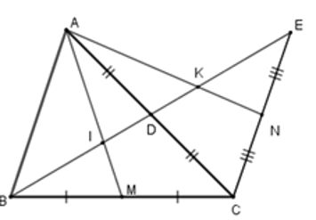 Cho tam giác ABC, đường trung tuyến BD. Trên tia đối của tia DB lấy điểm E sao cho DE = DB. (ảnh 1)