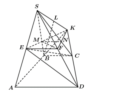 Cho hình chóp S.ABCD có đáy ABCD là hình thang, biết đáy lớn AD = 4, đáy nhỏ BC = 2. Gọi E, F lần lượt lấy trên SA và SD sao cho SE = x ⋅ SA, SF = x ⋅ SD. K là giao điểm của các đường thẳng A (ảnh 1)