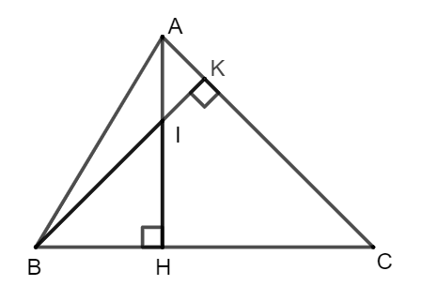 Cho tam giác ABC có hai đường cao AH, BK cắt nhau tại I. Biết rằng góc ACB = 90 độ (ảnh 1)
