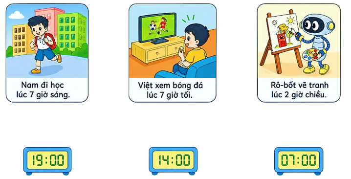 Nối đồng hồ chỉ thời gian thích hợp với mỗi bức tranh. (ảnh 1)