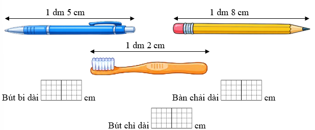 Điền số thích hợp vào ô trống. Dưới đây là chiều dài của bút bi, bút chì và bàn chải. Em hãy đổi chiều dài của đồ vật sang đơn vị xăng-ti-mét. (ảnh 1)