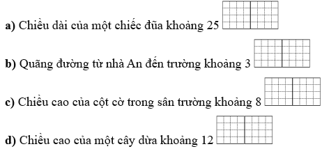 Điền các đơn vị đo độ dài “cm”, “dm”, “m”, “km” thích hợp vào ô trống. (ảnh 1)