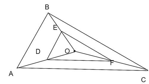 Cho tam giác ABC. Điểm O nằm trong tam giác. Lấy điểm D trên AO, từ D kẻ DE // AB (E ∈ OB) và DF // AC (F ∈ OC). Khẳng định nào sau đây là sai? (ảnh 1)