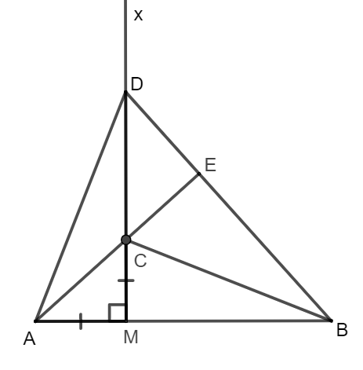 Cho đoạn thẳng AB và điểm M nằm giữa A và B (MA < MB). Vẽ tia Mx vuông góc với AB, (ảnh 1)