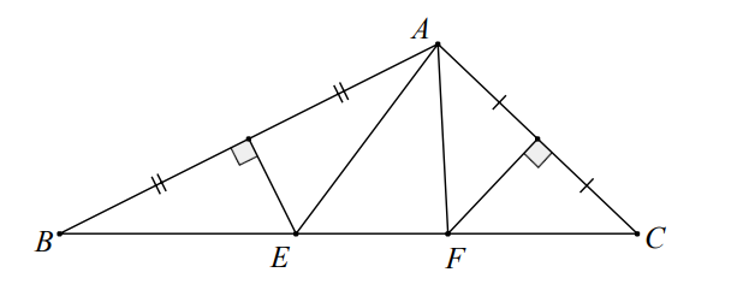 Cho ∆ABC có góc A=110 độ Các đường trung trực của cạnh AB và AC lần lượt cắt BC ở E và F. Số đo góc EAF là (ảnh 1)