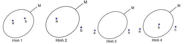 Trong các hình vẽ dưới đây, hình vẽ nào thể hiện tập hợp M có 2 phần tử? (ảnh 1)