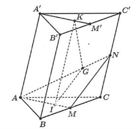 Cho lăng trụ tam giác ABC.A'B'C' có I, K, G lần lượt là trọng tâm các tam giác ABC, A'B'C', ACC'. Gọi M, M', N lần lượt là trung điểm của BC, B'C', CC'. Xét tính đúng sai của các khẳng định s (ảnh 1)