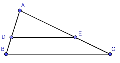 Cho tam giác ABC có AB = 8 cm, AC = 12 cm, điểm D thuộc cạnh AB sao cho AD = 5 cm. Kẻ DE // BC (E ∈ AC). Độ dài EC là  (ảnh 1)