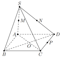 Cho hình chóp S.ABCD có đáy là hình vuông cạnh bằng a, tâm O, SA vuông góc (ABCD), SA = a căn bậc hai 3. Gọi M, N, P lần lượt là trung điểm của các cạnh SA, SD, CD. (ảnh 1)